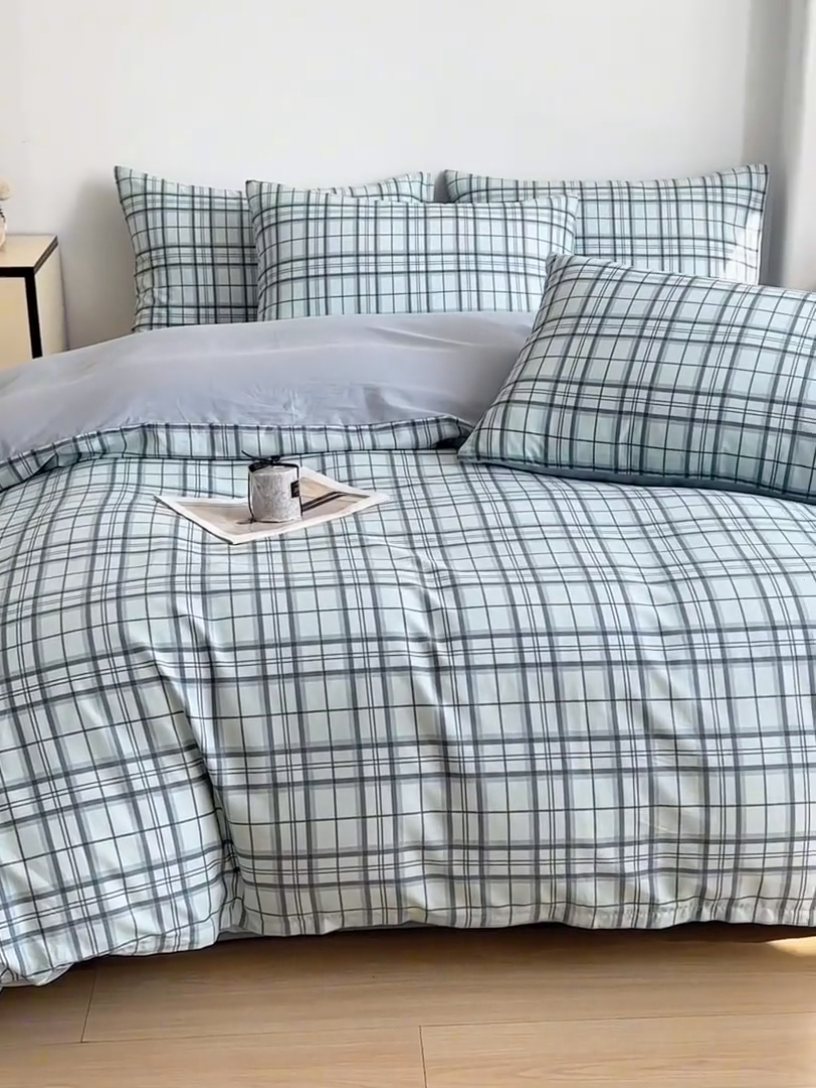 91家纺网 家纺一手货源 找家纺 柠馨 2025新款13372全棉印花四件套无印风系列 窗格绿