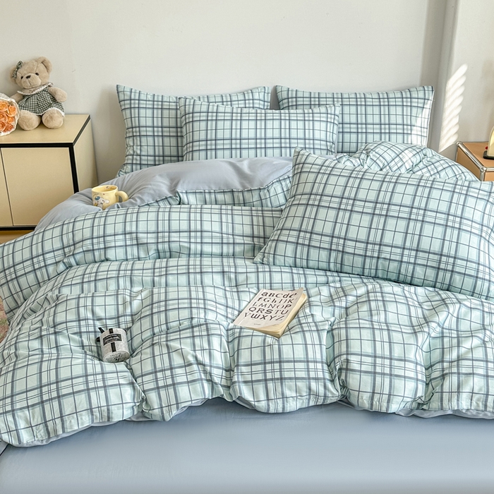 91家纺网 家纺一手货源 找家纺 柠馨 2025新款13372全棉印花四件套无印风系列 窗格绿