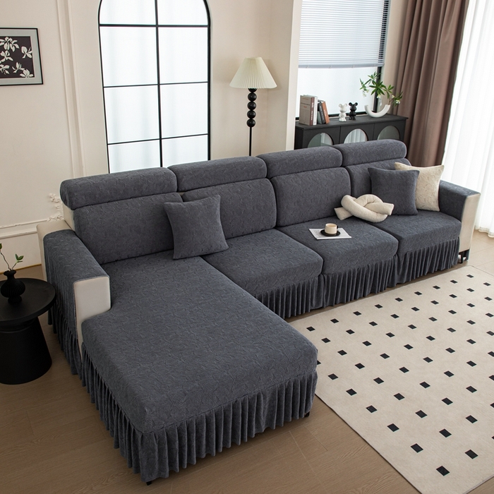 91家纺网 家纺一手货源 找家纺 沐沐家纺 2026新款小树叶裙边沙发笠 深灰