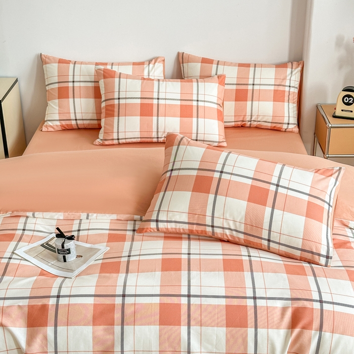 91家纺网 家纺一手货源 找家纺 柠馨 2025新款13372全棉印花四件套无印风系列 橙色大格