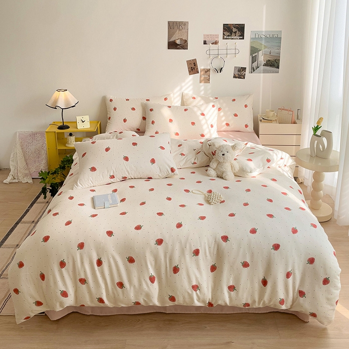 91家纺网 家纺一手货源 找家纺 尤米 2025新款有氧针织双层纱四件套 草莓啵啵