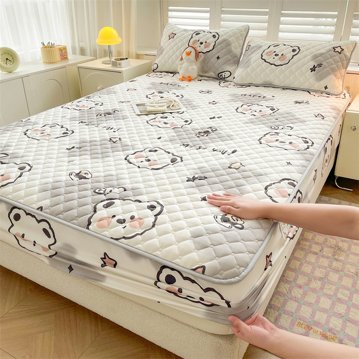 91家纺网 家纺一手货源 找家纺 【高克重加厚】雯豆 新品磨毛夹棉床笠印花水洗棉床笠三件套床垫保护罩 豆豆熊