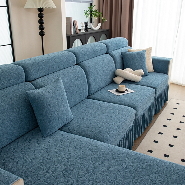 91家纺网 家纺一手货源 找家纺 沐沐家纺 2026新款小树叶裙边沙发笠 孔雀蓝