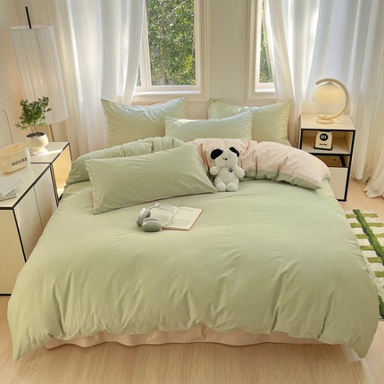 泽西家纺+V17798841158发大图 2025新品A类加密全棉40支13376简约风双拼纯色纯棉四件套单被套枕套三件套 橄榄绿+奶茶