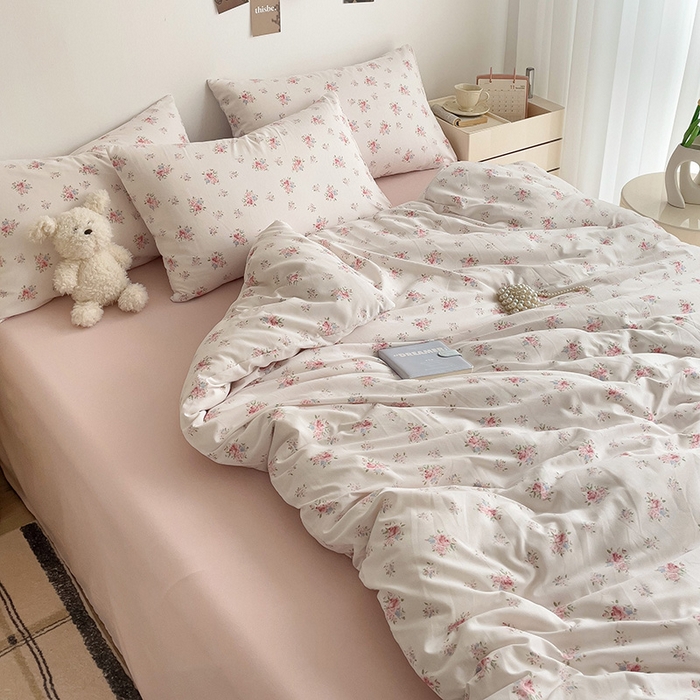 91家纺网 家纺一手货源 找家纺 尤米 2025新款有氧针织双层纱四件套 白桃夭夭