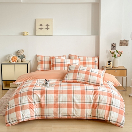 柠馨 2025新款13372全棉印花四件套无印风系列 橙色大格