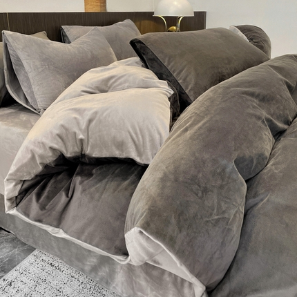 91家纺网 家纺一手货源 找家纺 （买家秀爆款不断货）A类母婴级纯色牛奶绒四件套珊瑚绒四件套雪花绒四件套婴儿绒四件套水晶绒四件套高克重 纯色款-深灰+浅灰