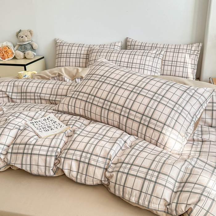 91家纺网 家纺一手货源 找家纺 柠馨 2025新款13372全棉印花四件套无印风系列 窗格粉