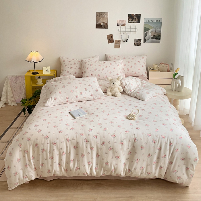 91家纺网 家纺一手货源 找家纺 尤米 2025新款有氧针织双层纱四件套 白桃夭夭