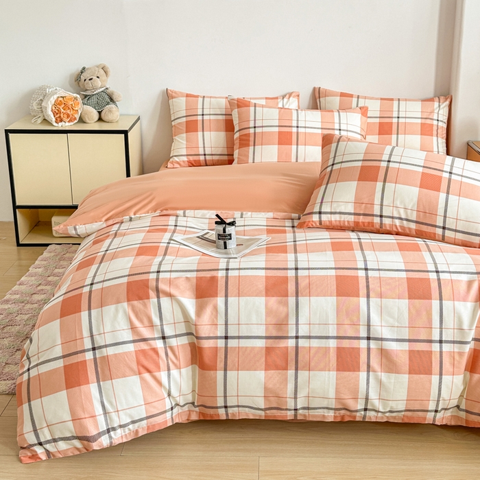 91家纺网 家纺一手货源 找家纺 柠馨 2025新款13372全棉印花四件套无印风系列 橙色大格