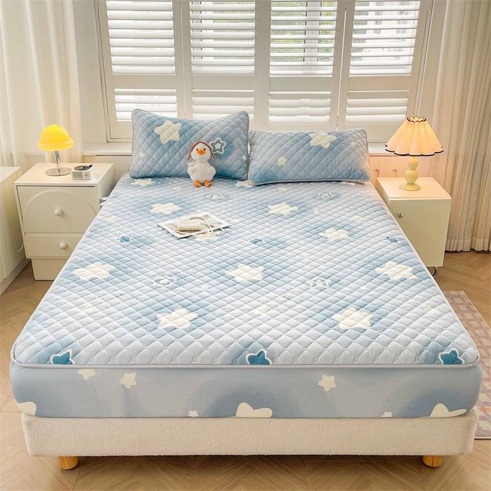 91家纺网 家纺一手货源 找家纺 【高克重加厚】雯豆 新品磨毛夹棉床笠印花水洗棉床笠三件套床垫保护罩 星光灿烂