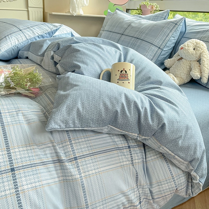 91家纺网 家纺一手货源 找家纺 柠馨 2025新款13372全棉印花四件套无印风系列 海蓝