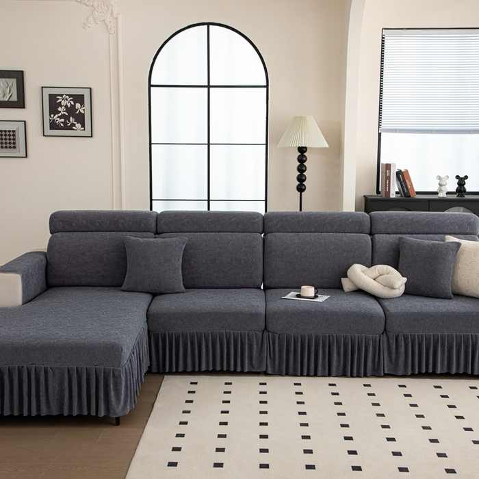 91家纺网 家纺一手货源 找家纺 沐沐家纺 2026新款小树叶裙边沙发笠 深灰