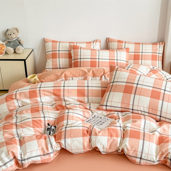 91家纺网 家纺一手货源 找家纺 柠馨 2025新款13372全棉印花四件套无印风系列 橙色大格