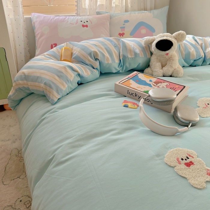 91家纺网 家纺一手货源 找家纺 美乐迪家纺 2025新款全棉绣花四件套 小狗派对