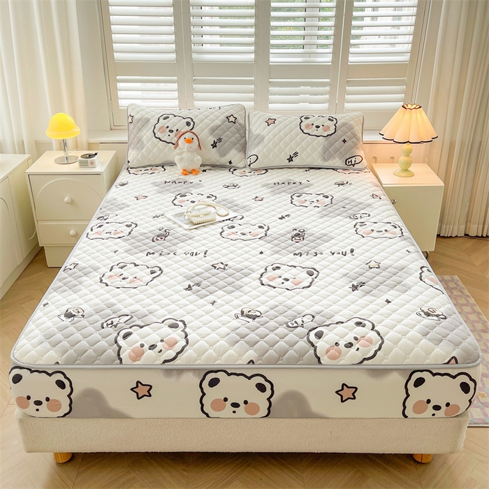 91家纺网 家纺一手货源 找家纺 【高克重加厚】雯豆 新品磨毛夹棉床笠印花水洗棉床笠三件套床垫保护罩 豆豆熊