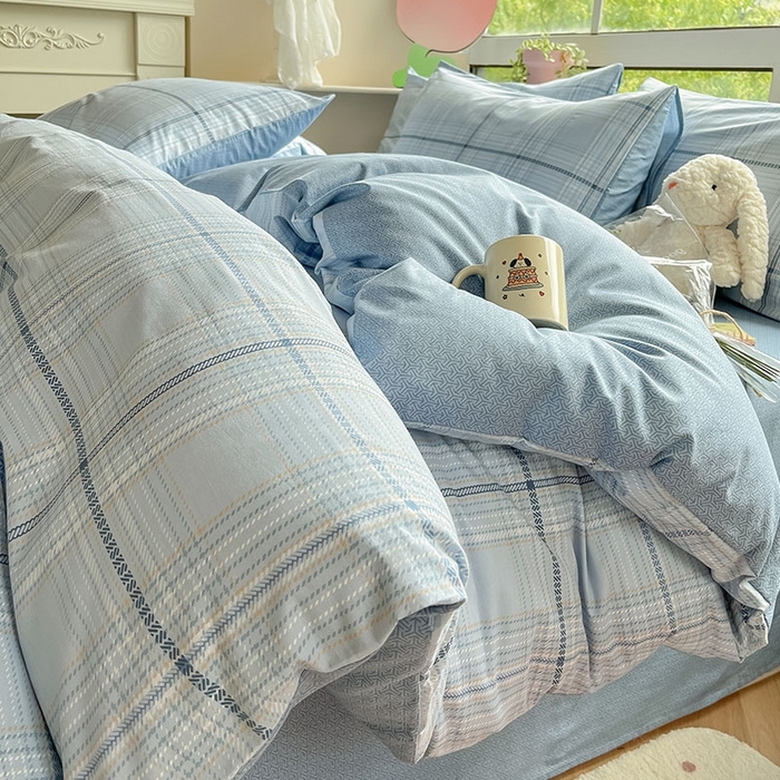 91家纺网 家纺一手货源 找家纺 柠馨 2025新款13372全棉印花四件套无印风系列 海蓝