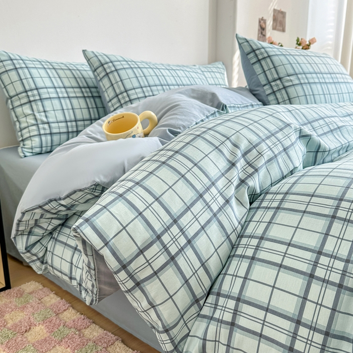 91家纺网 家纺一手货源 找家纺 柠馨 2025新款13372全棉印花四件套无印风系列 窗格绿