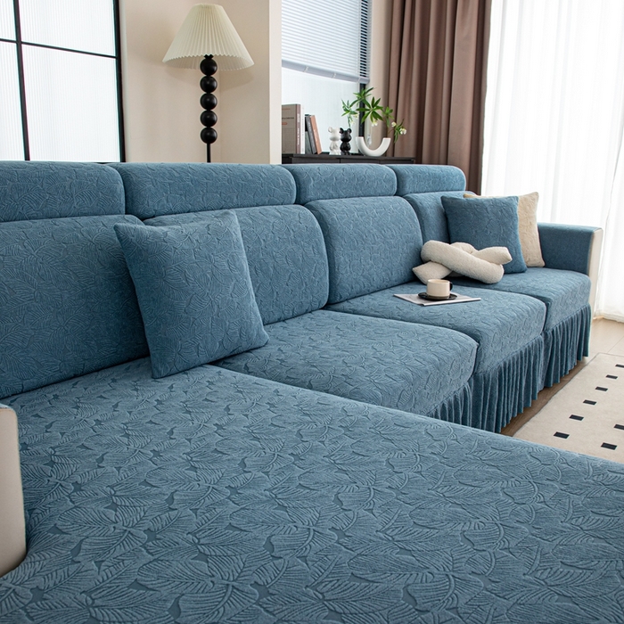 91家纺网 家纺一手货源 找家纺 沐沐家纺 2026新款小树叶裙边沙发笠 孔雀蓝