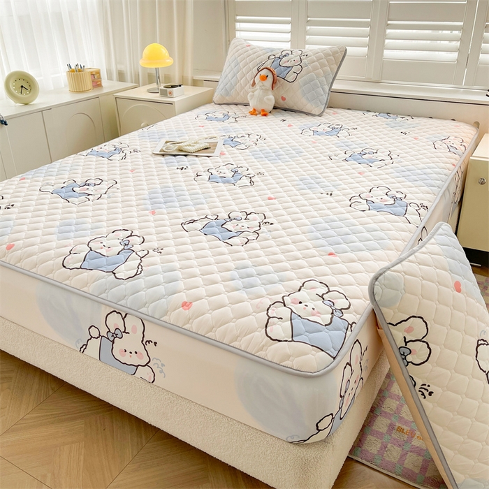 91家纺网 家纺一手货源 找家纺  【高克重加厚】雯豆 新品磨毛夹棉床笠印花水洗棉床笠三件套床垫保护罩 流氓兔