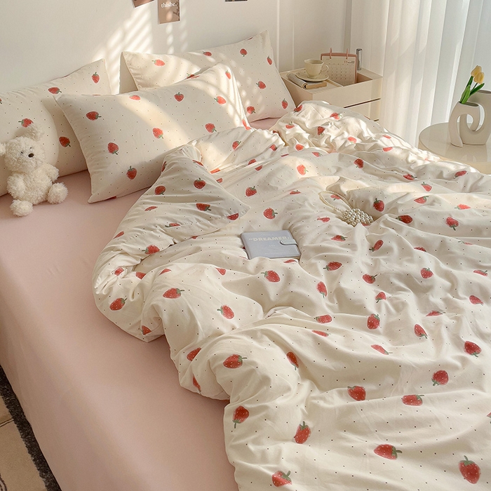 91家纺网 家纺一手货源 找家纺 尤米 2025新款有氧针织双层纱四件套 草莓啵啵