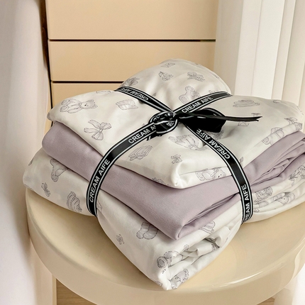 91家纺网 家纺一手货源 找家纺 尤米 2025新款有氧针织双层纱四件套 蜜芽熊