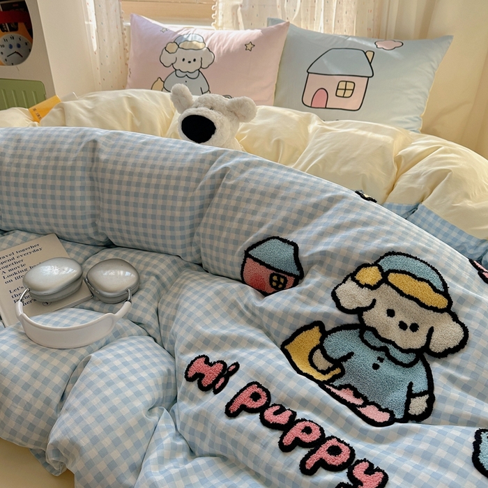 91家纺网 家纺一手货源 找家纺 美乐迪家纺 2025新款全棉绣花四件套 晚安狗狗