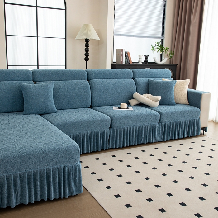 91家纺网 家纺一手货源 找家纺 沐沐家纺 2026新款小树叶裙边沙发笠 孔雀蓝