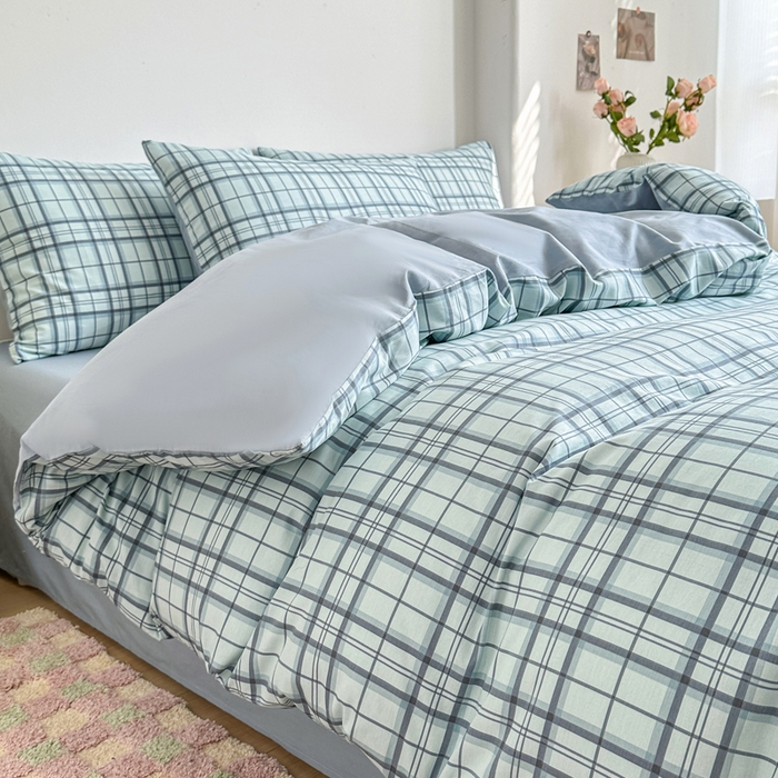 91家纺网 家纺一手货源 找家纺 柠馨 2025新款13372全棉印花四件套无印风系列 窗格绿