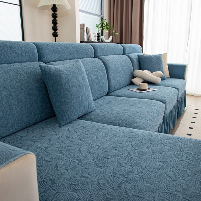 91家纺网 家纺一手货源 找家纺 沐沐家纺 2026新款小树叶裙边沙发笠 孔雀蓝