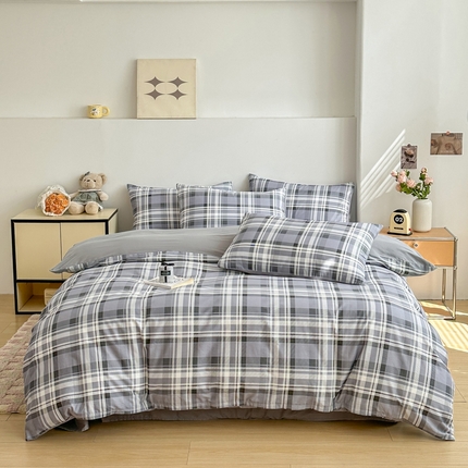 柠馨 2025新款13372全棉印花四件套无印风系列 绅士灰格