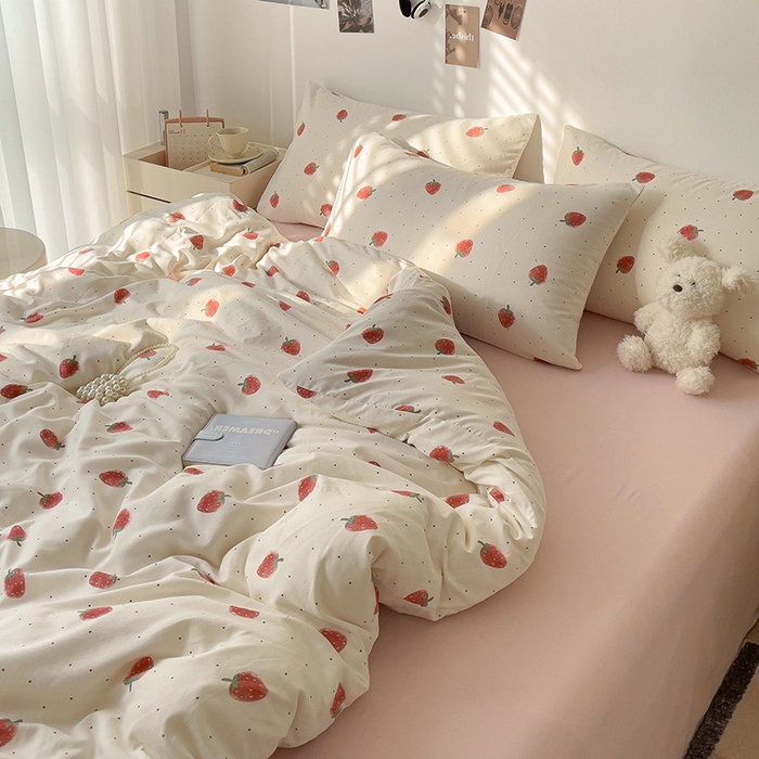 91家纺网 家纺一手货源 找家纺 尤米 2025新款有氧针织双层纱四件套 草莓啵啵