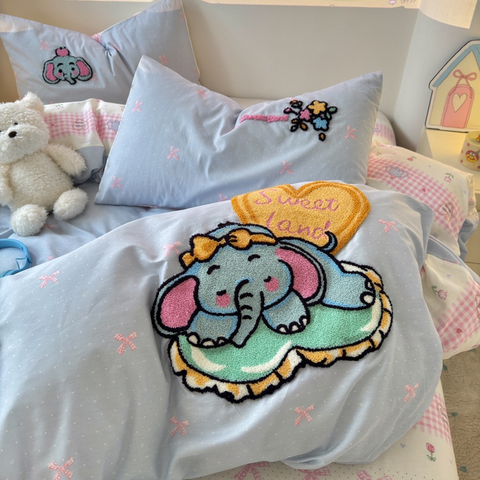 91家纺网 家纺一手货源 找家纺 曼之夏 2025新款纯棉印花加毛巾绣四件套 毛巾绣-大象