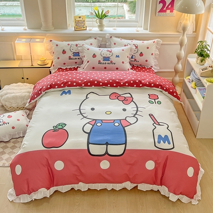 91家纺网 家纺一手货源 找家纺 （总）玉元坊 2025年新款三丽鸥系列数码印花纯棉全棉床裙三件套四件套-花边款式