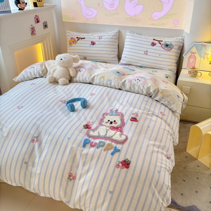 91家纺网 家纺一手货源 找家纺 曼之夏 2025新款纯棉印花加毛巾绣四件套 毛巾绣-萌宠