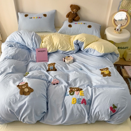 91家纺网 家纺一手货源 找家纺 （总）焱博家纺 2025新款A类水洗棉毛巾绣四件套 小狗 蓝