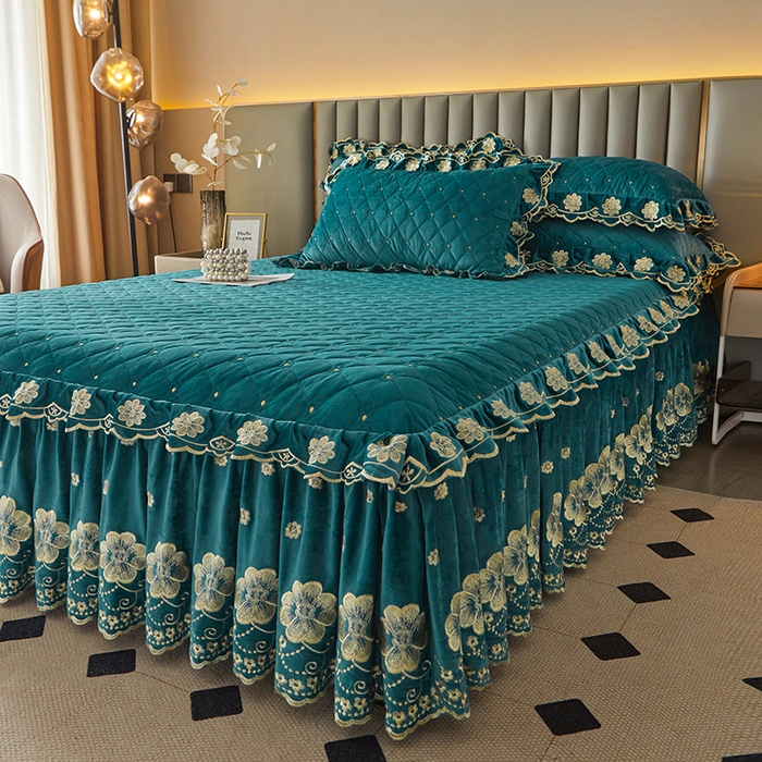 91家纺网 家纺一手货源 找家纺 罗艺轩 2025新款婴儿绒双层夹棉可拆卸床裙-花语 花语-翡翠绿