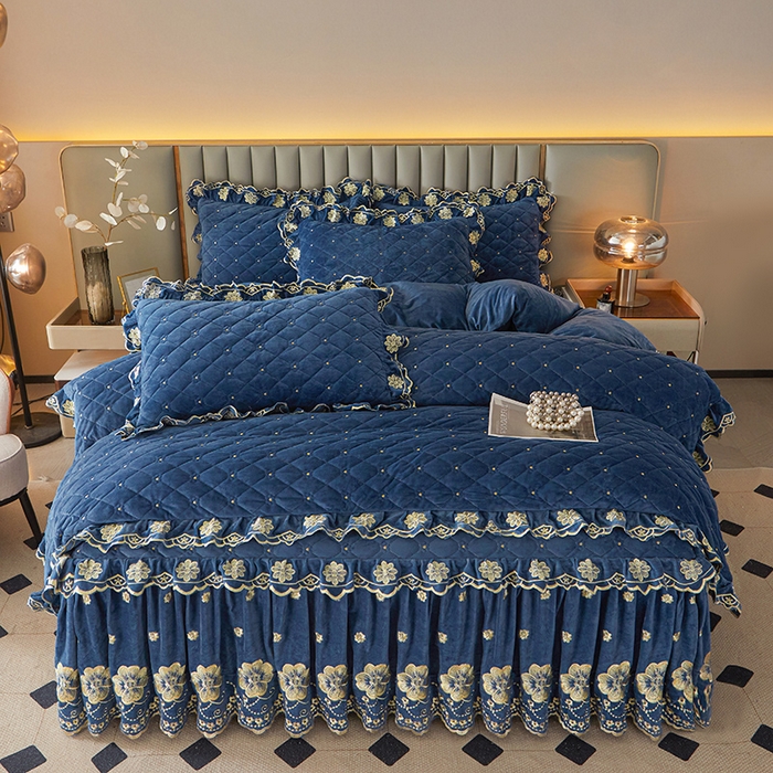 91家纺网 家纺一手货源 找家纺 罗艺轩 2025新款婴儿绒双层夹棉可拆卸床裙四件套-花语 花语-宝蓝