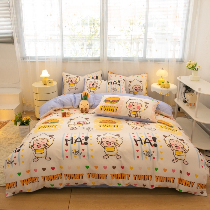 91家纺网 家纺一手货源 找家纺 简宜家居（朝初家纺） 2025新款40支斜纹12868纯棉全棉喜羊羊灰太狼系列四件套 吃货懒洋洋