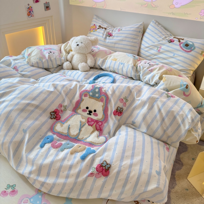 91家纺网 家纺一手货源 找家纺 曼之夏 2025新款纯棉印花加毛巾绣四件套 毛巾绣-萌宠