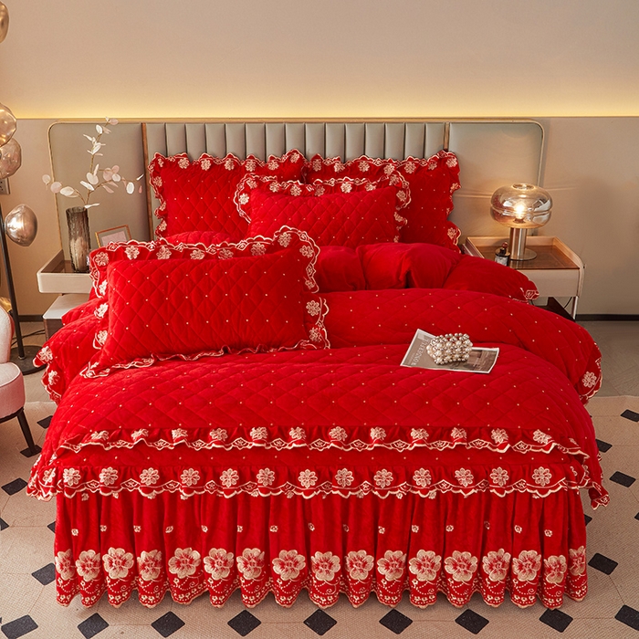 91家纺网 家纺一手货源 找家纺 （总）罗艺轩 2025新款婴儿绒双层夹棉可拆卸床裙四件套-花语