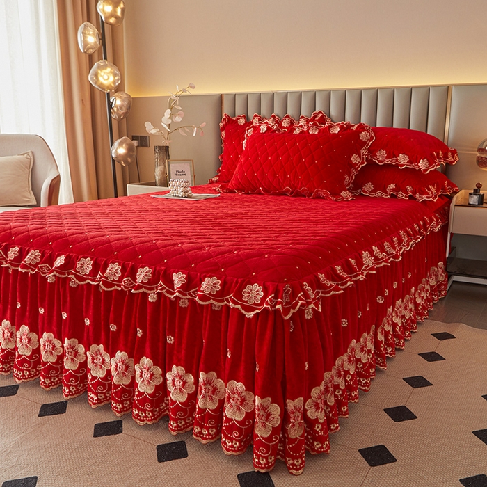 91家纺网 家纺一手货源 找家纺 （总）罗艺轩 2025新款婴儿绒双层夹棉可拆卸床裙四件套-花语