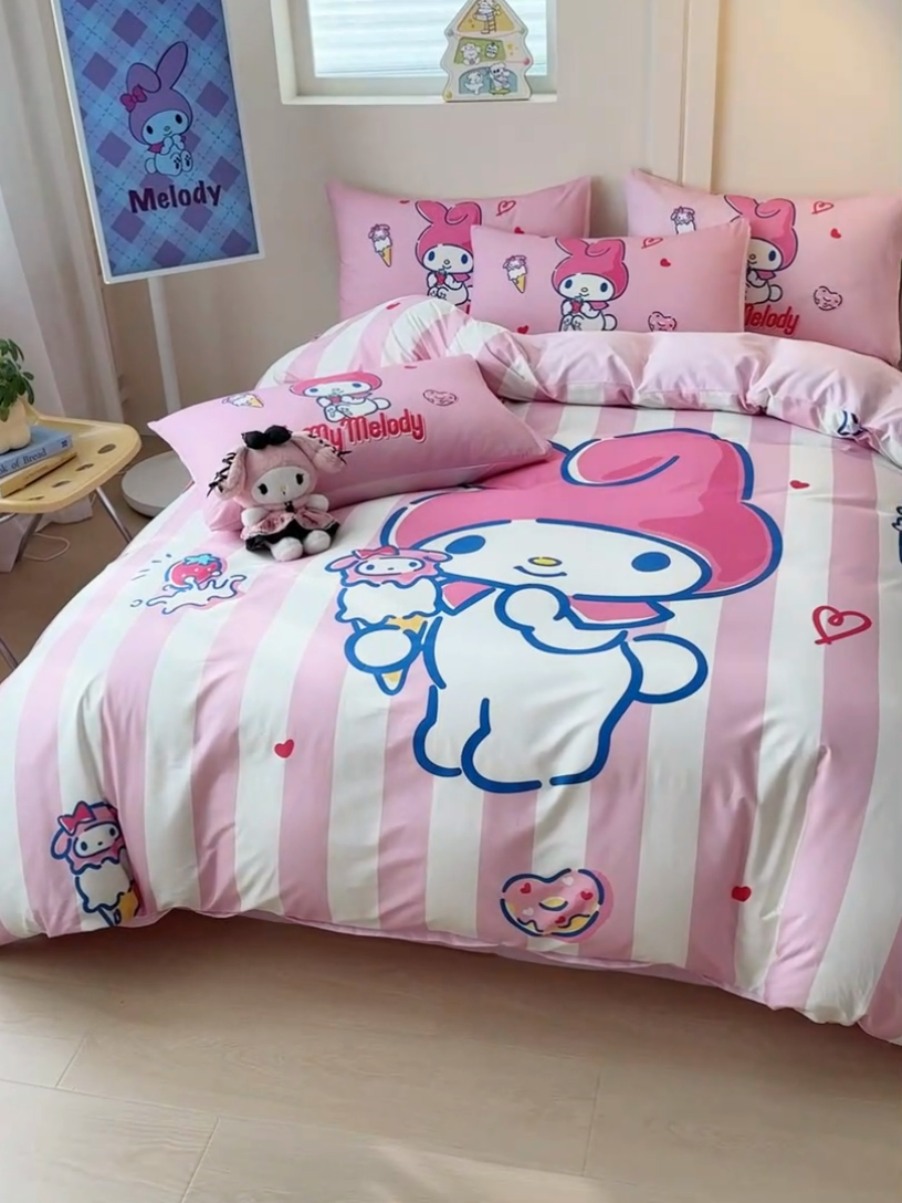 91家纺网 家纺一手货源 找家纺 玉元坊 2025年新款三丽鸥系列数码印花纯棉全棉床裙三件套四件套-简约基础款 大版简约-甜筒美乐蒂