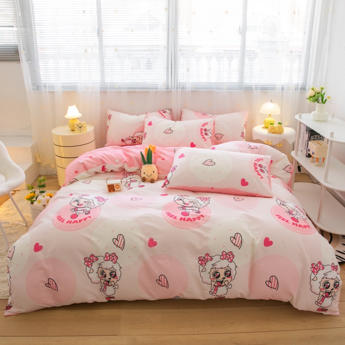 91家纺网 家纺一手货源 找家纺 简宜家居（朝初家纺） 2025新款40支斜纹12868纯棉全棉喜羊羊灰太狼系列四件套 爱心美羊羊