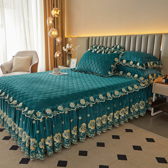 91家纺网 家纺一手货源 找家纺 罗艺轩 2025新款婴儿绒双层夹棉可拆卸床裙-花语 花语-翡翠绿