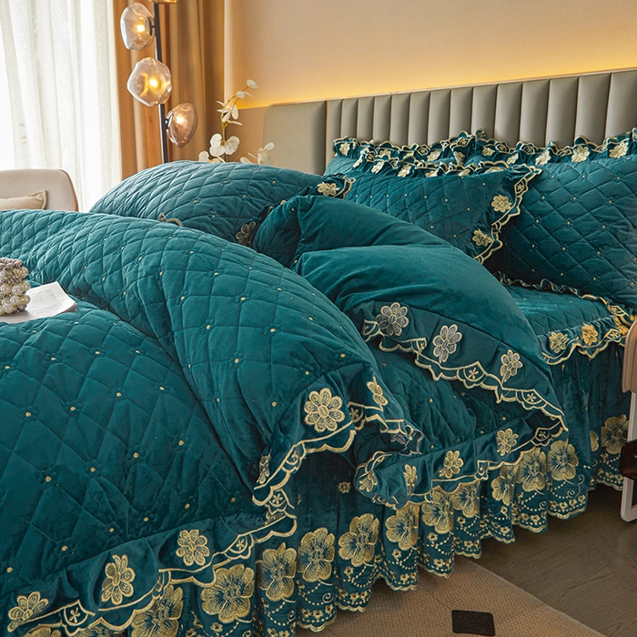 91家纺网 家纺一手货源 找家纺 罗艺轩 2025新款婴儿绒双层夹棉可拆卸床裙四件套-花语 花语-翡翠绿