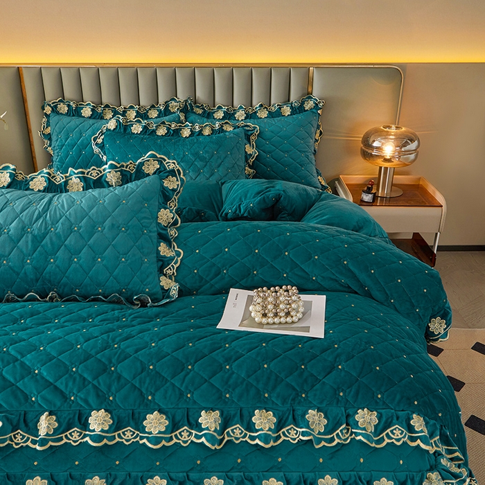 91家纺网 家纺一手货源 找家纺 罗艺轩 2025新款婴儿绒双层夹棉可拆卸床裙四件套-花语 花语-翡翠绿