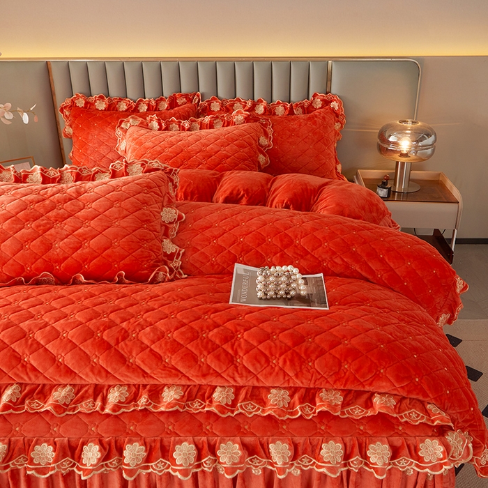 91家纺网 家纺一手货源 找家纺 罗艺轩 2025新款婴儿绒双层夹棉可拆卸床裙四件套-花语 花语-艾玛橙