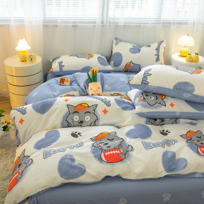 91家纺网 家纺一手货源 找家纺 简宜家居（朝初家纺） 2025新款40支斜纹12868纯棉全棉喜羊羊灰太狼系列四件套 灰心太郎