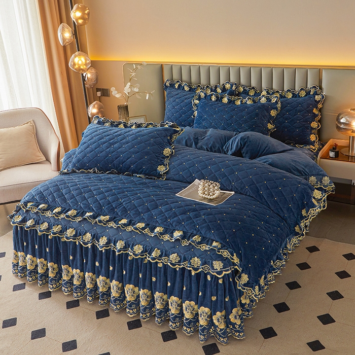 91家纺网 家纺一手货源 找家纺 罗艺轩 2025新款婴儿绒双层夹棉可拆卸床裙四件套-花语 花语-宝蓝